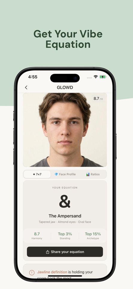 GLOWD Vibe Equation screen with personalized appearance insights